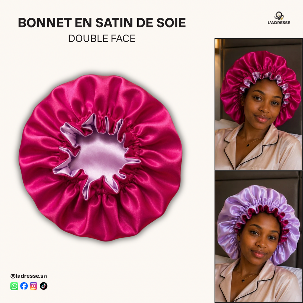 Bonnet en satin pour cheveux Réversible (fleur) - Rose fuchsia & Mauve