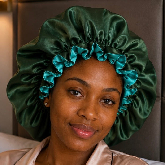 Bonnet en satin pour cheveux Réversible (fleur) - Vert foncé & Vert clair
