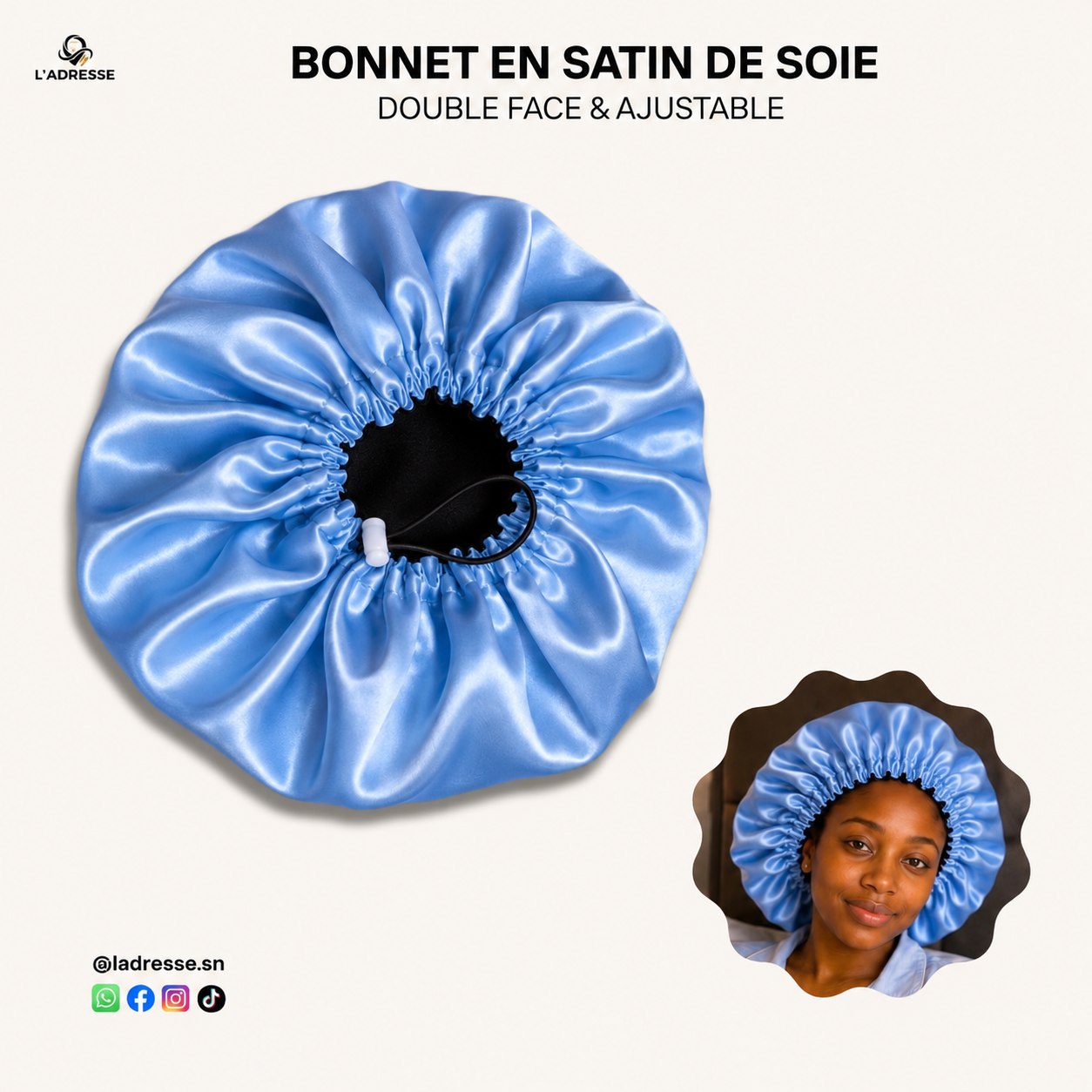 Bonnet en satin pour cheveux Ajustable & Réversible - Bleu ciel & Noir