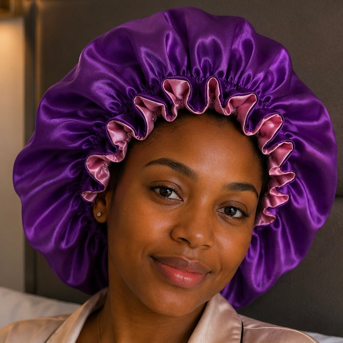 Bonnet en satin pour cheveux Réversible (fleur) - Vert foncé & Rose clair