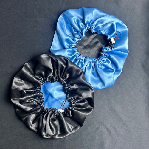 Bonnet en satin pour cheveux Ajustable & Réversible - Bleu ciel & Noir