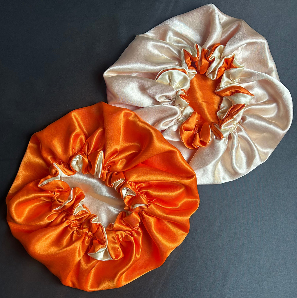 Bonnet en satin pour cheveux Réversible (fleur) - Orange & Beige