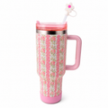Mug isotherme à poignée avec paille et fleur - 1,20L (Rayures Rose)