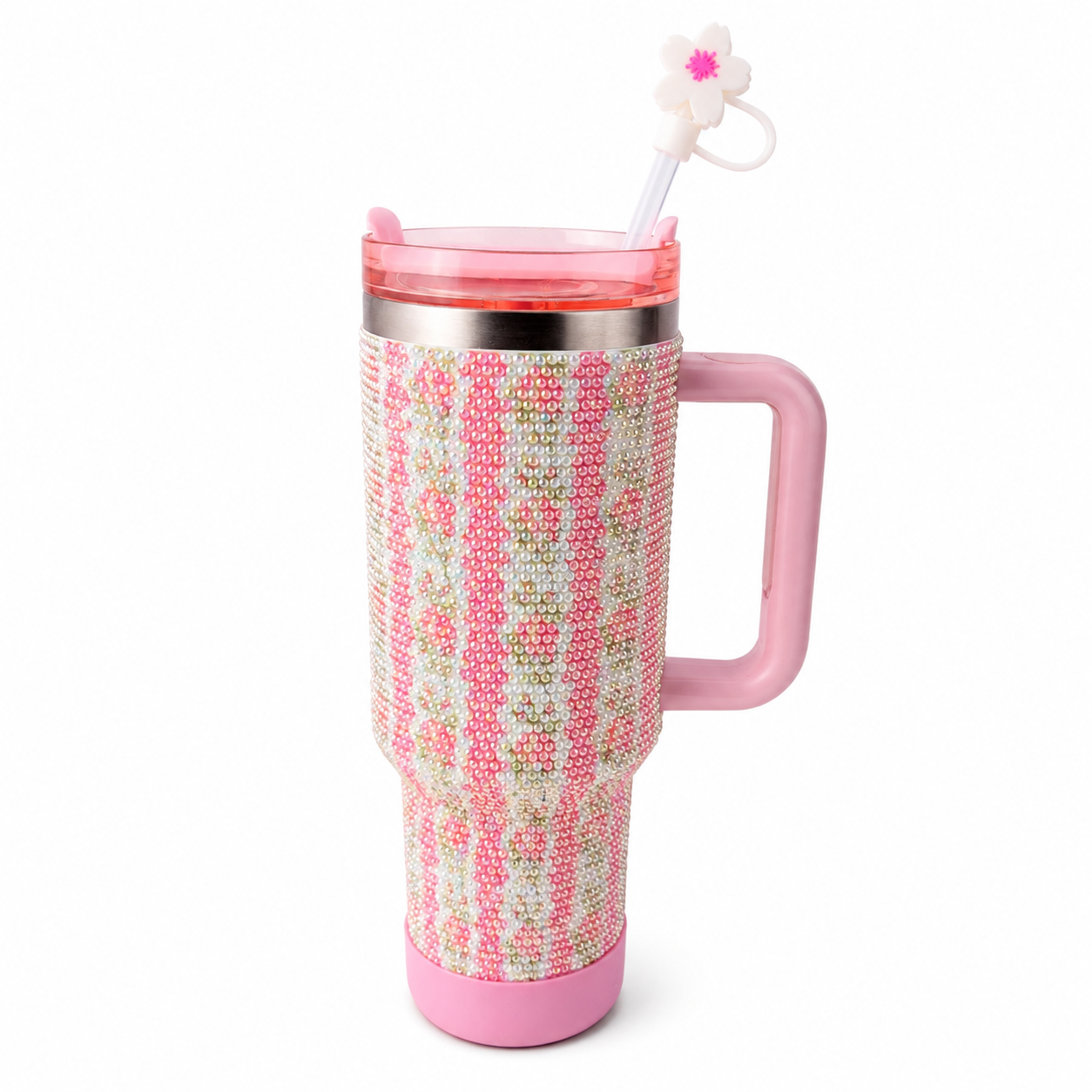 Mug isotherme à poignée avec paille et fleur - 1,20L (Rayures Rose)