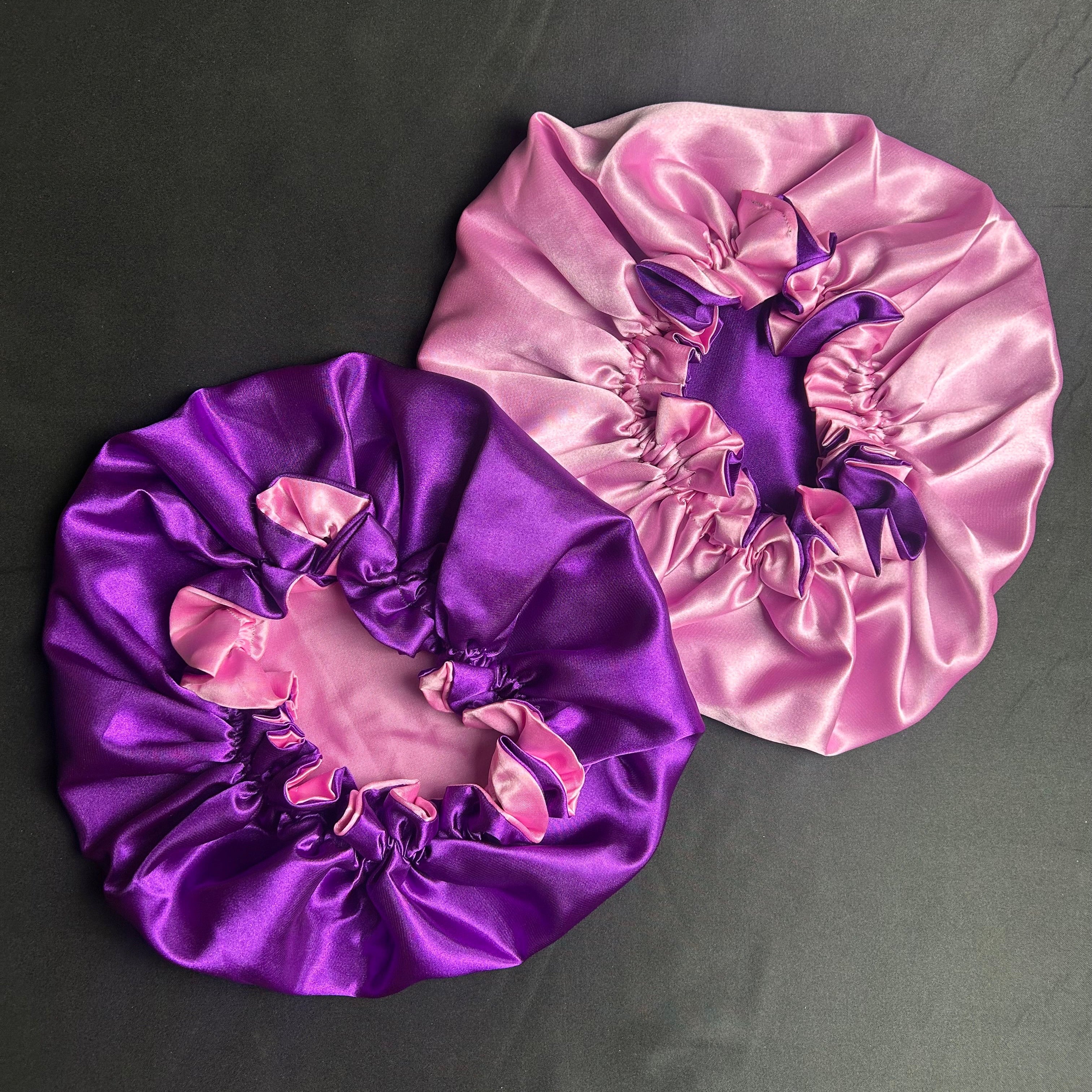 Bonnet en satin pour cheveux Réversible (fleur) - Vert foncé & Rose clair