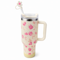 Mug isotherme à poignée avec paille et fleur - 1,20L (Fraise)