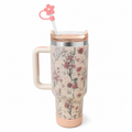 Mug isotherme à poignée avec paille et fleur - 1,20L (Rose)