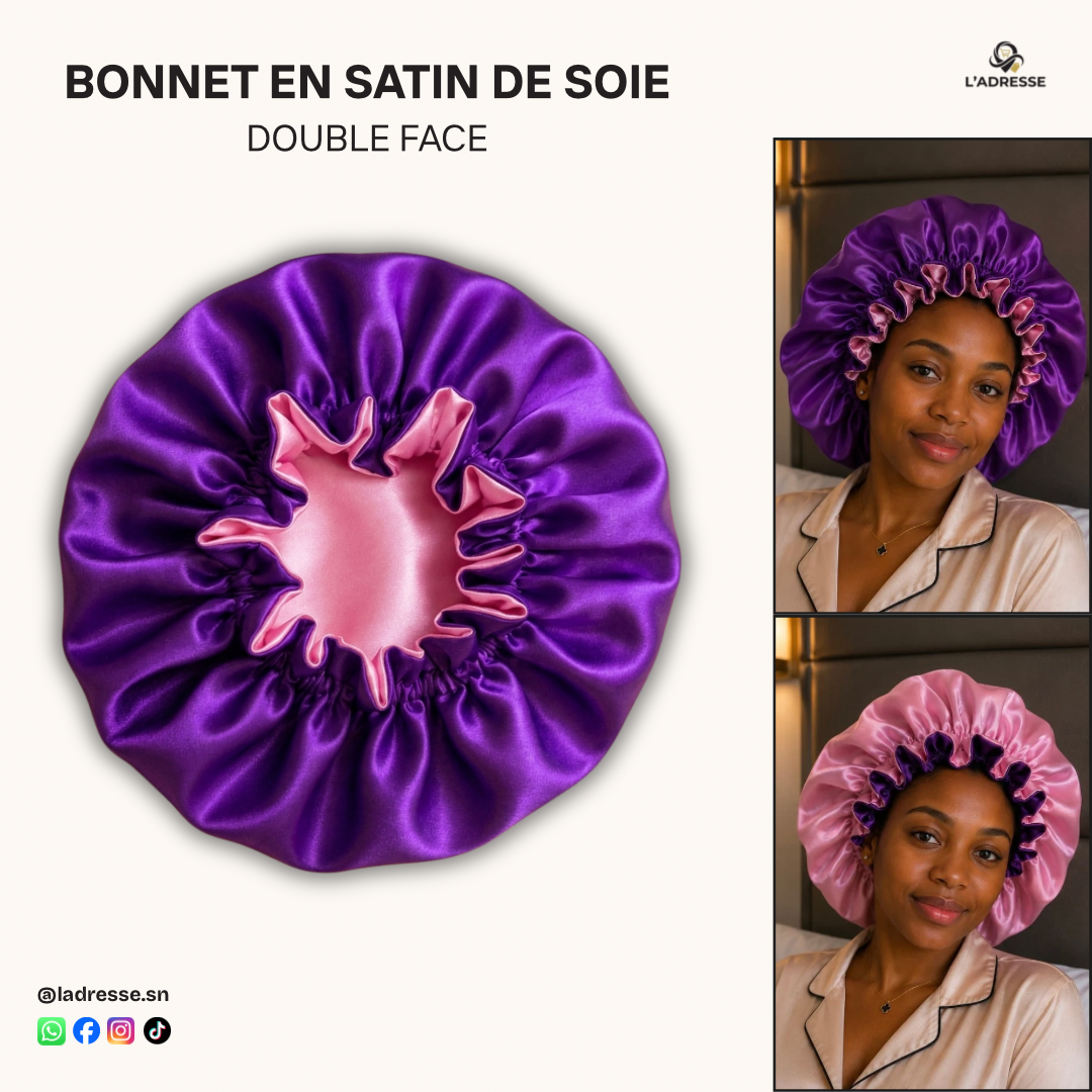 Bonnet en satin pour cheveux Réversible (fleur) - Vert foncé & Rose clair