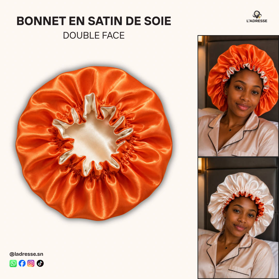 Bonnet en satin pour cheveux Réversible (fleur) - Orange & Beige