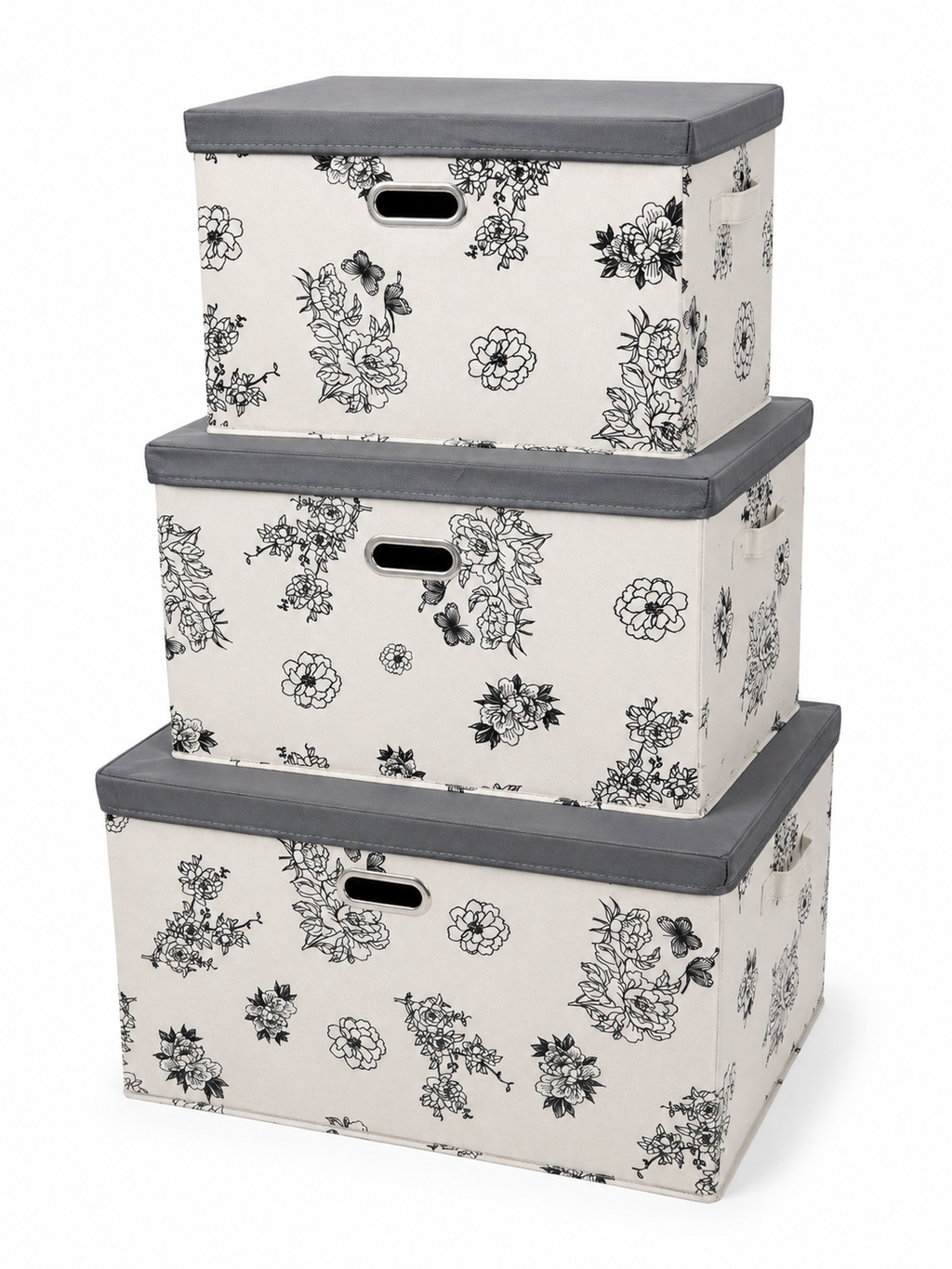 Lot de 3 boîtes de rangement florales - Motif Fleurs Noir & Blanc