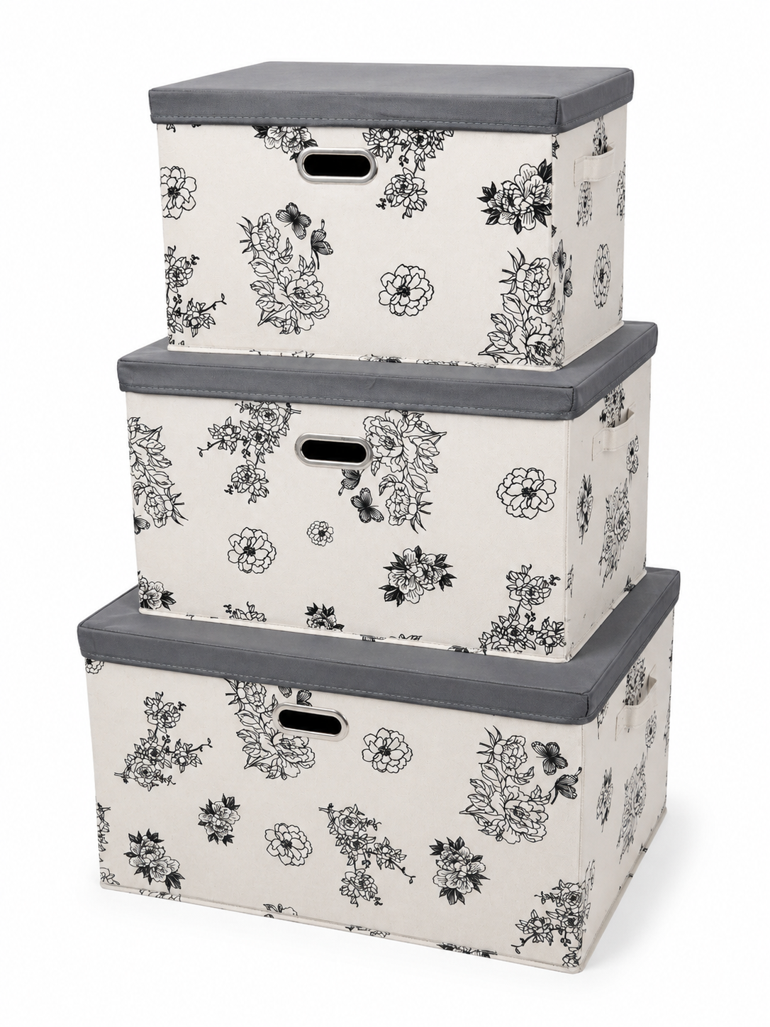 Lot de 3 boîtes de rangement florales - Motif Fleurs Noir & Blanc