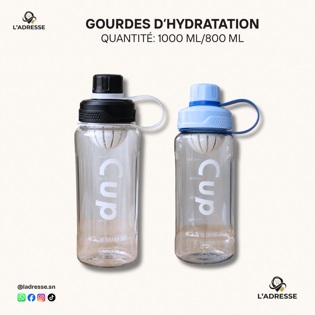Lot de 2 Grandes Gourdes Transparentes 1L/800 ml- Graduée