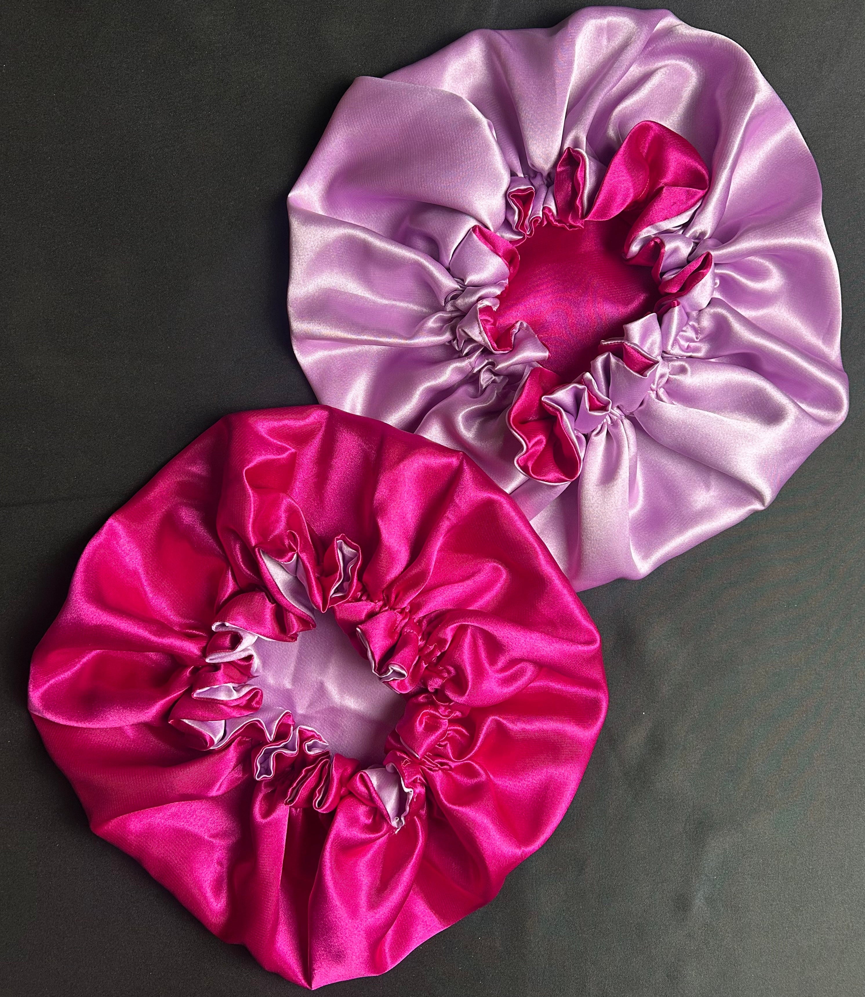 Bonnet en satin pour cheveux Réversible (fleur) - Rose fuchsia & Mauve