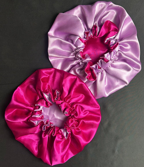 Bonnet en satin pour cheveux Réversible (fleur) - Rose fuchsia & Mauve