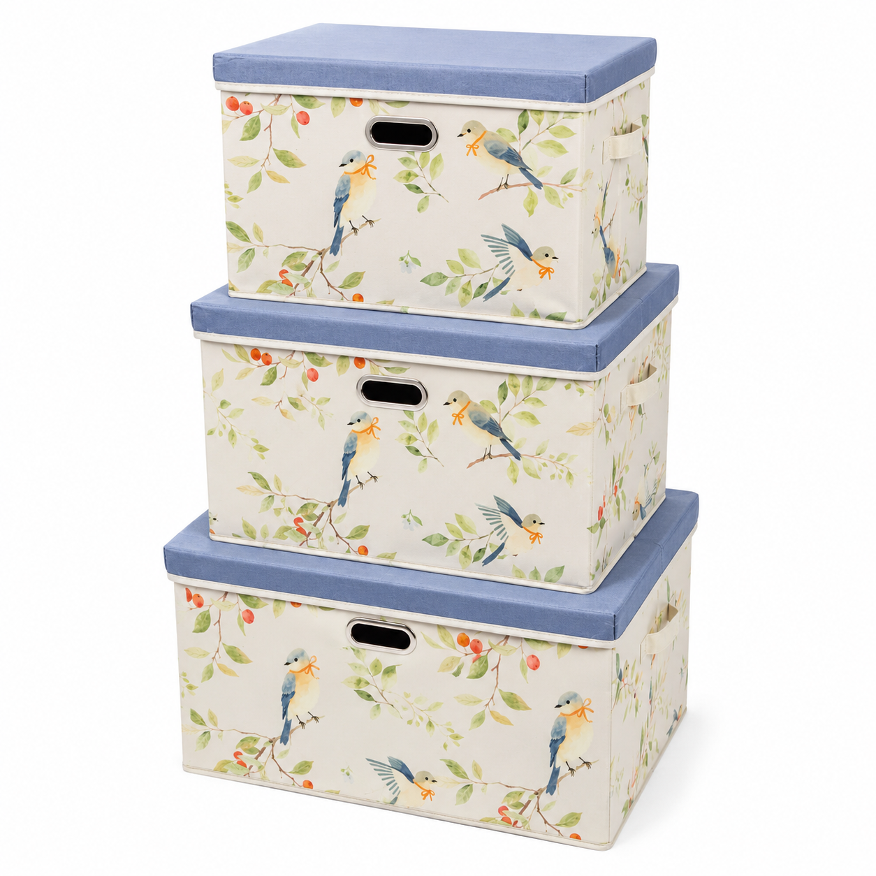 Lot de 3 boîtes de rangement florales - Motif Oiseaux Bleus