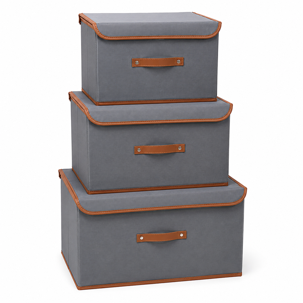 Lot de 3 boîtes de rangement grises avec poignée cuir