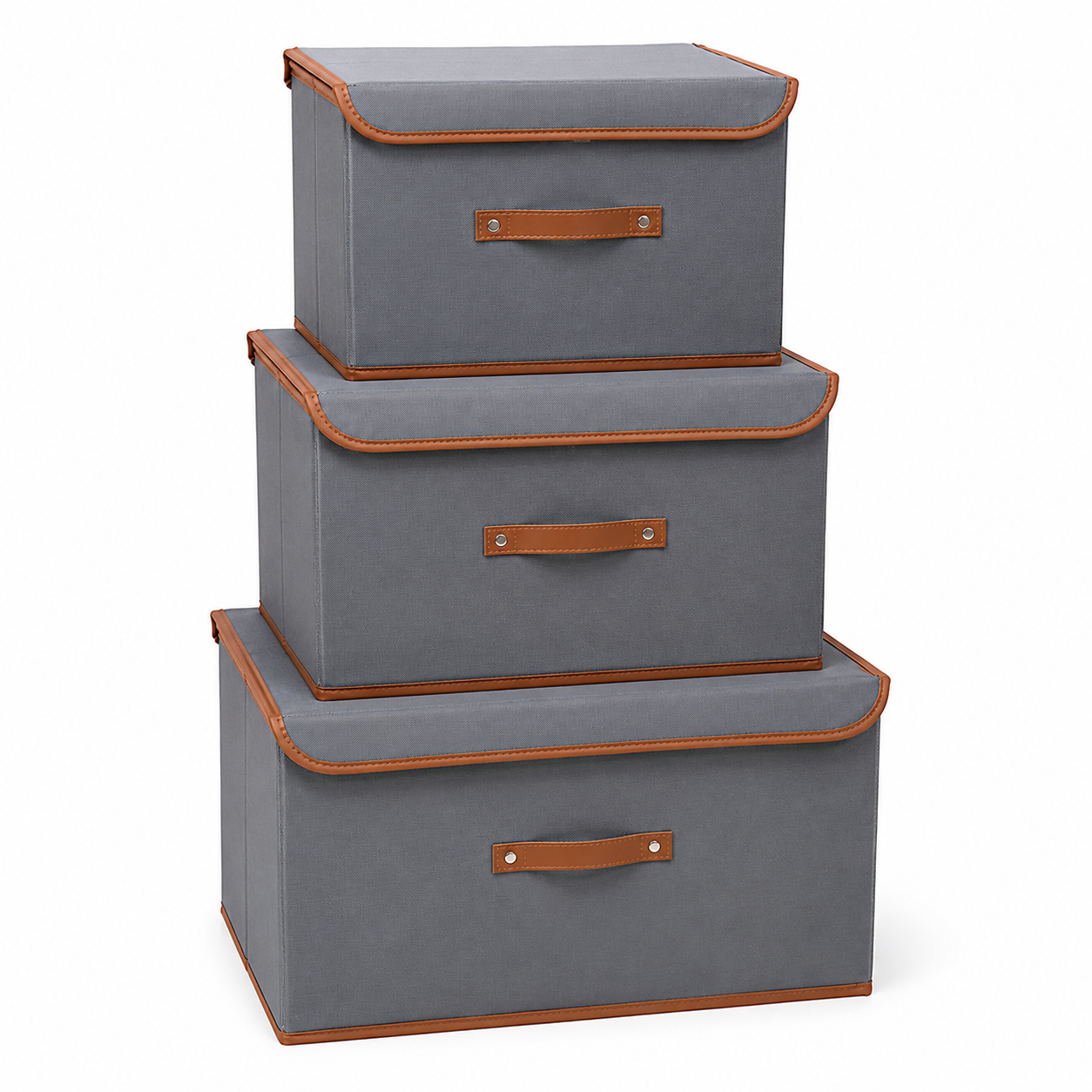 Lot de 3 boîtes de rangement grises avec poignée cuir