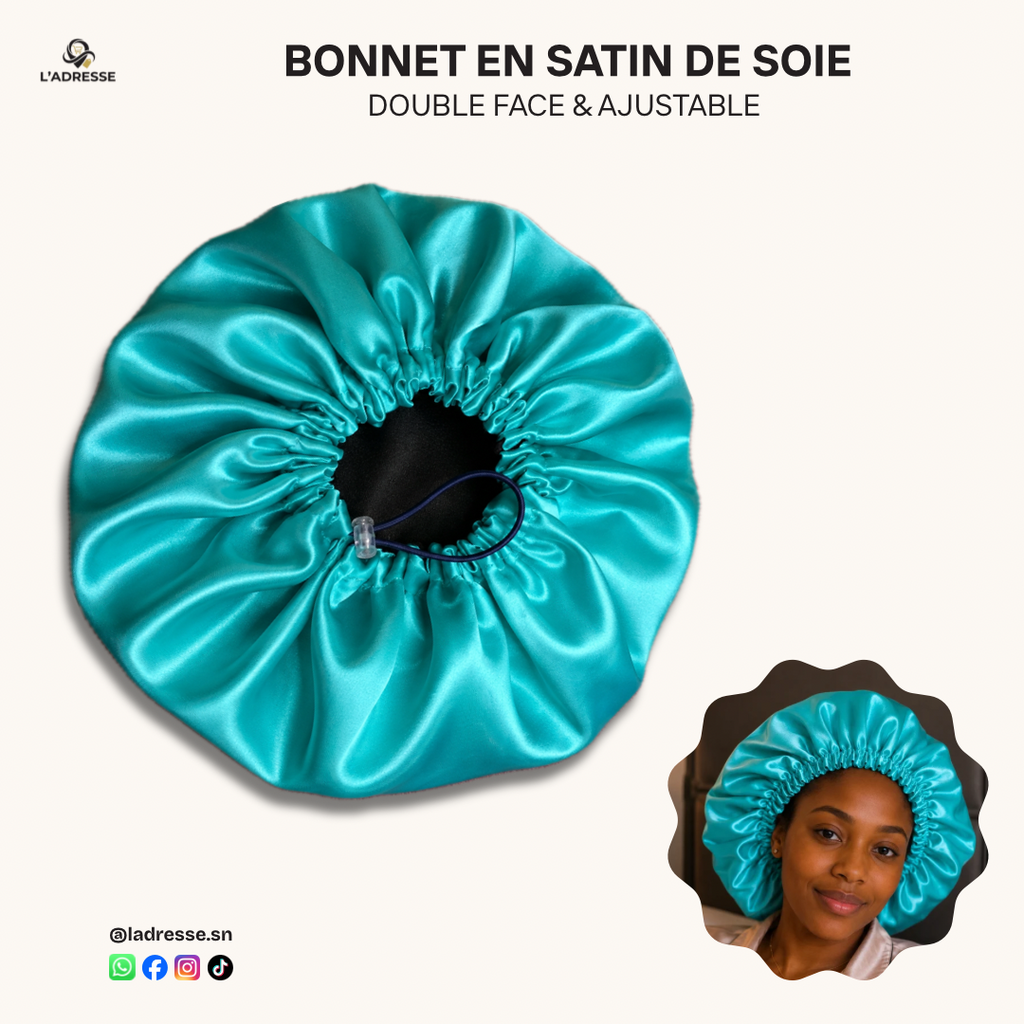 Bonnet en satin pour cheveux Ajustable & Réversible - Vert menthe & Noir