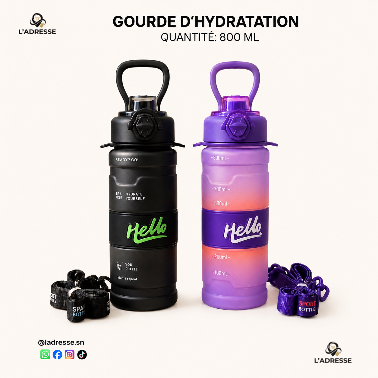 Gourde Motivante 800ml avec Marqueurs de Temps - Bouteille d'Eau Sport