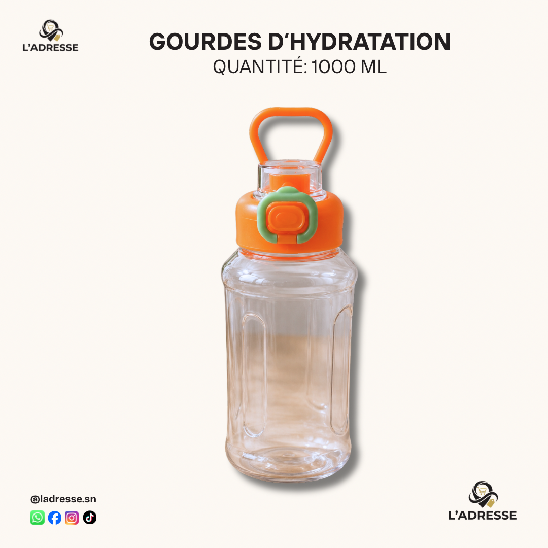Gourde Transparente 1 Litre avec Poignée - Orange et Vert
