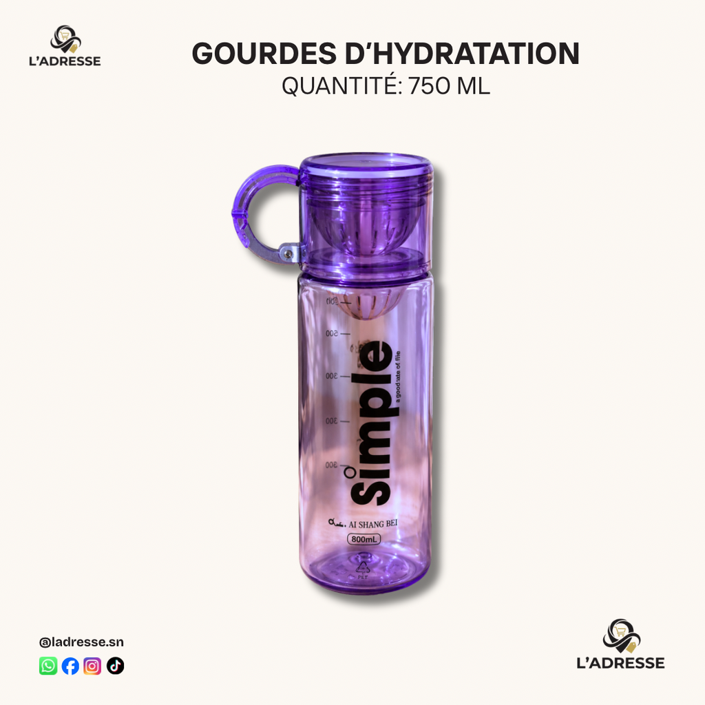 Gourde Compacte 750ml Transparente avec Mousqueton - Violet