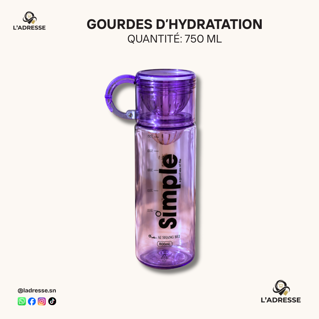 Gourde Compacte 750ml Transparente avec Mousqueton - Violet