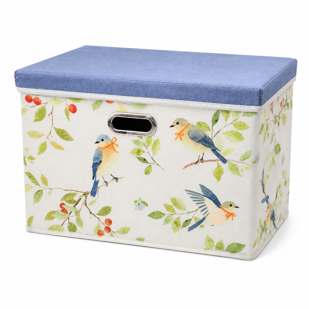 Grande boîte de rangement florale - Motif Oiseaux Bleus