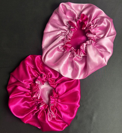 Bonnet en satin pour cheveux Réversible (fleur) - Rose fuchsia & Rose clair