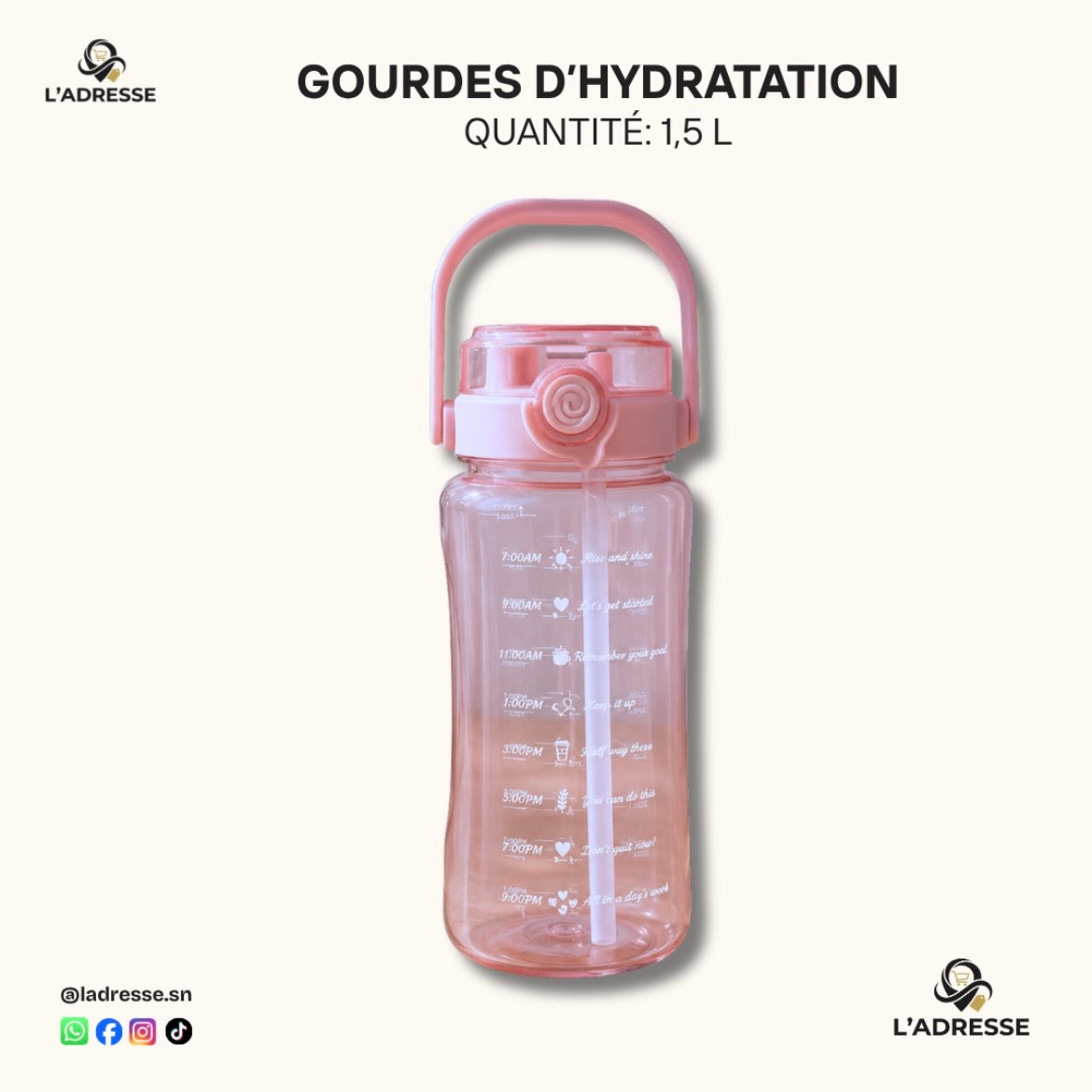 Gourde Motivante 1,5L avec Paille - Rappels Horaires