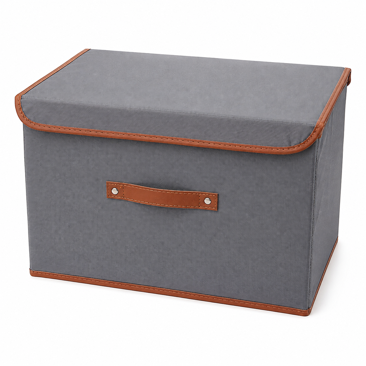 Grande boîte de rangement grise avec poignée cuir