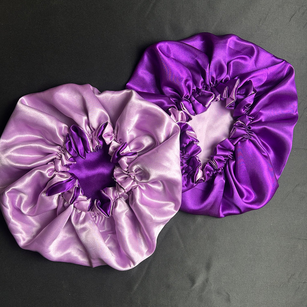 Bonnet en satin pour cheveux Réversible(fleur) - Violet foncé & Violet clair