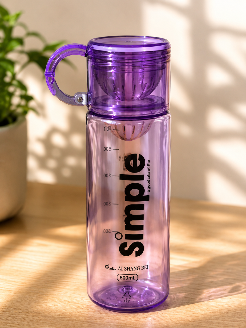 Gourde Compacte 750ml Transparente avec Mousqueton - Violet
