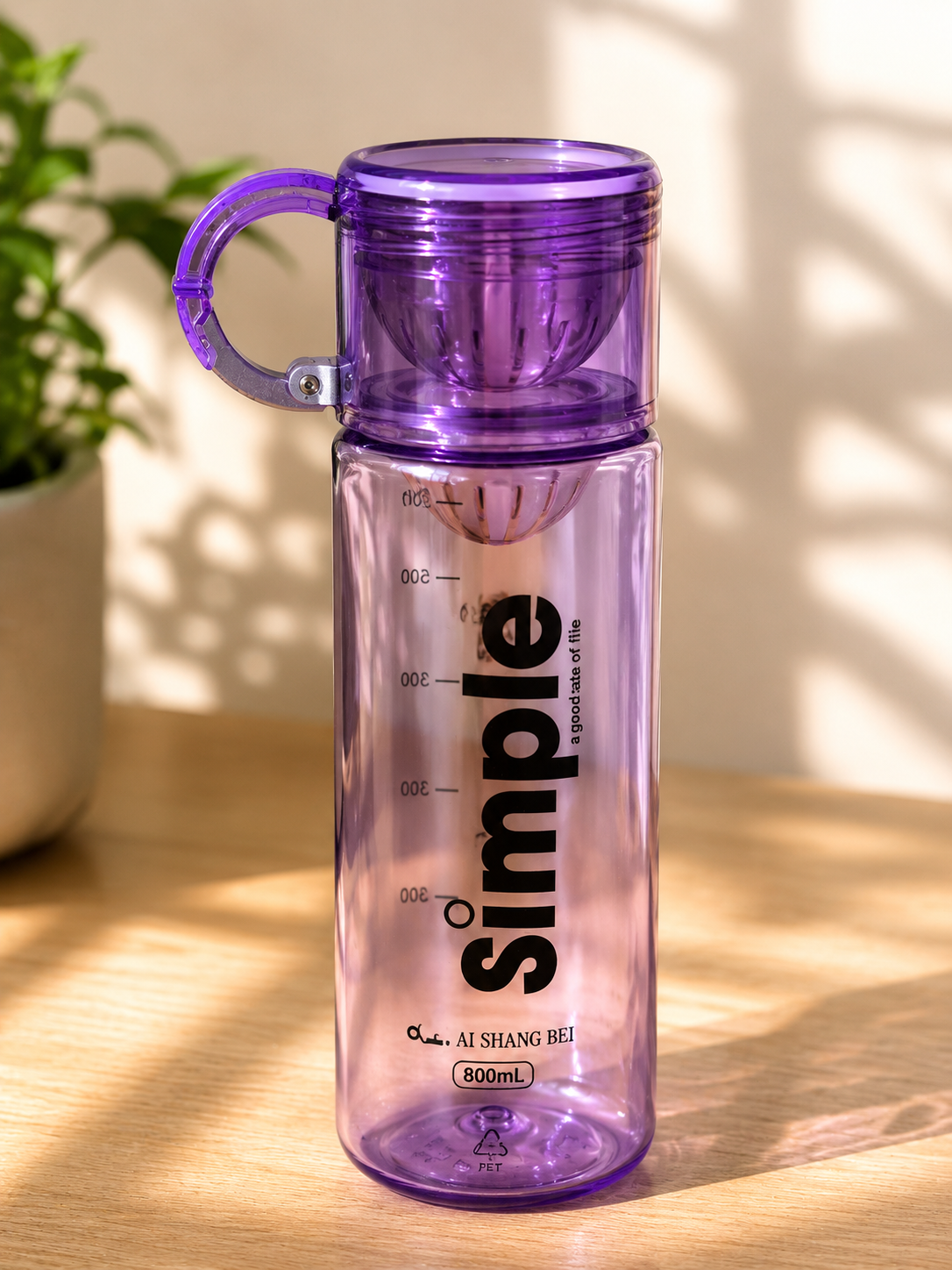 Gourde Compacte 750ml Transparente avec Mousqueton - Violet