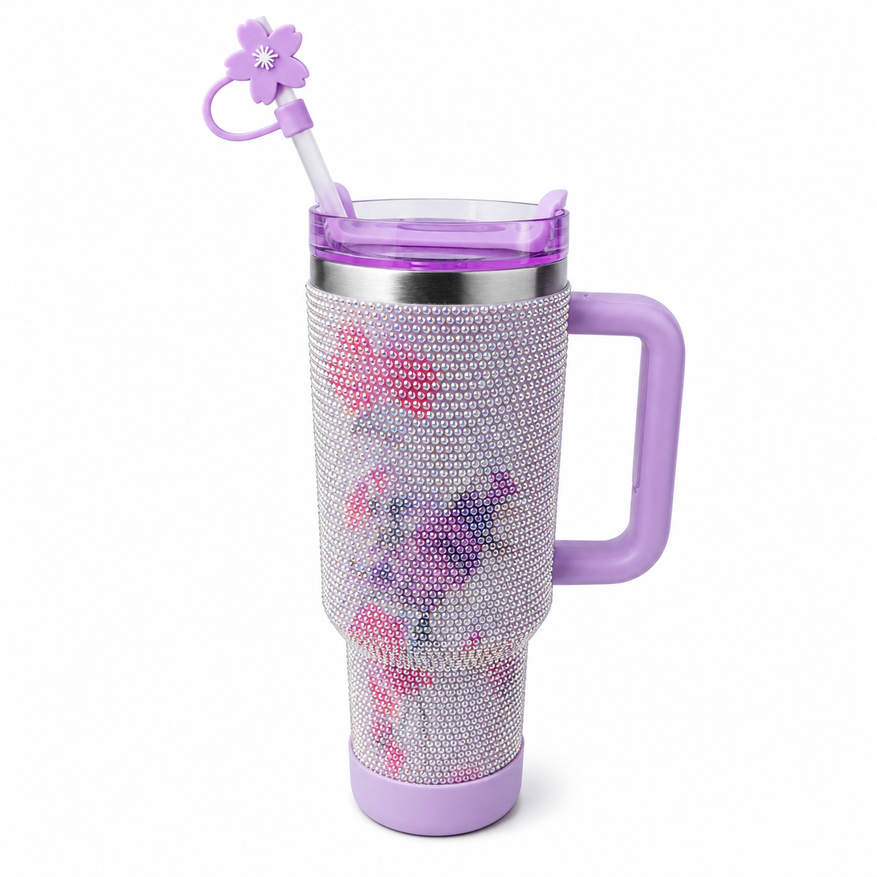 Mug isotherme à poignée avec paille et fleur - 1,20L (Violet Floral)