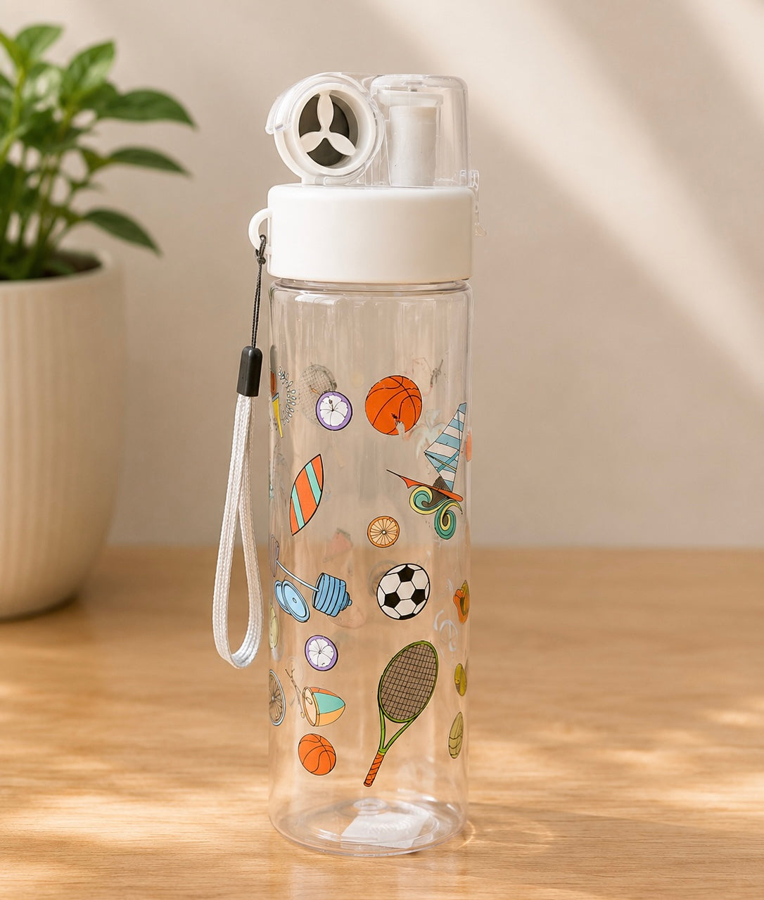 Gourde Transparente 750ml Motif Sport avec Paille et Dragonne