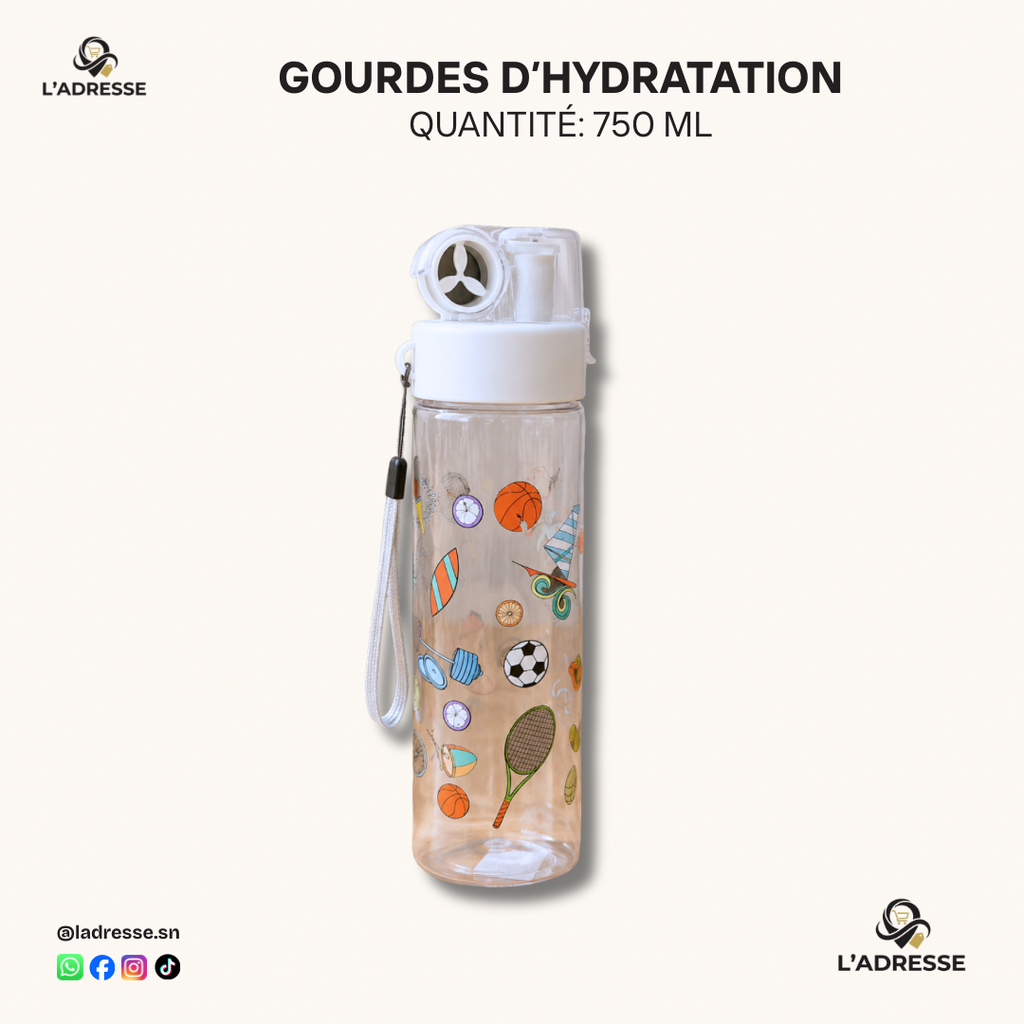 Gourde Transparente 750ml Motif Sport avec Paille et Dragonne